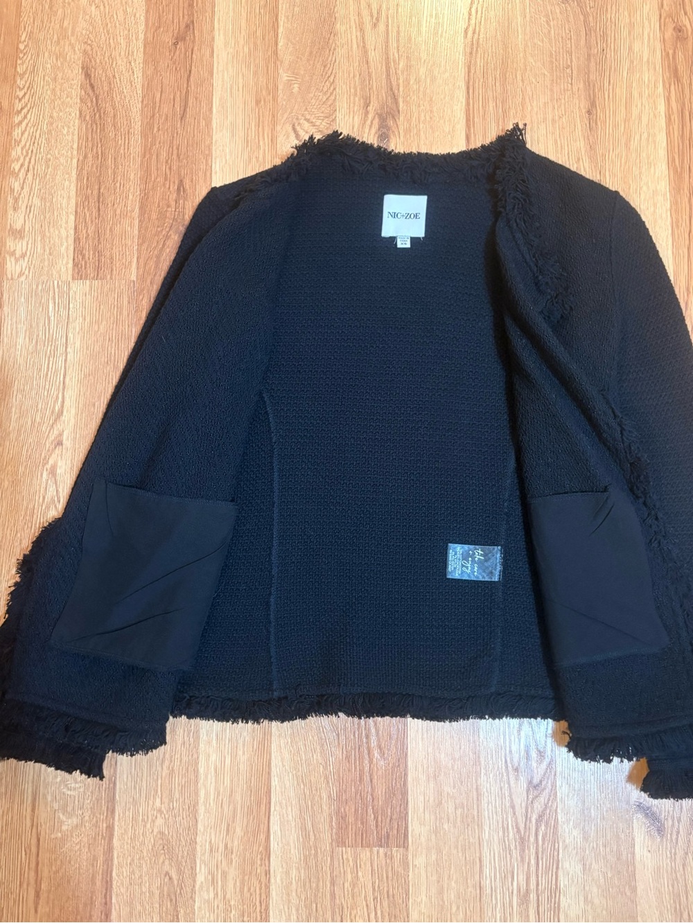 NIC+ZOE Black Onyx Fringe Knit Open Front Cardigan Jacket Zipper Pockets XS - Picture 3 of 7